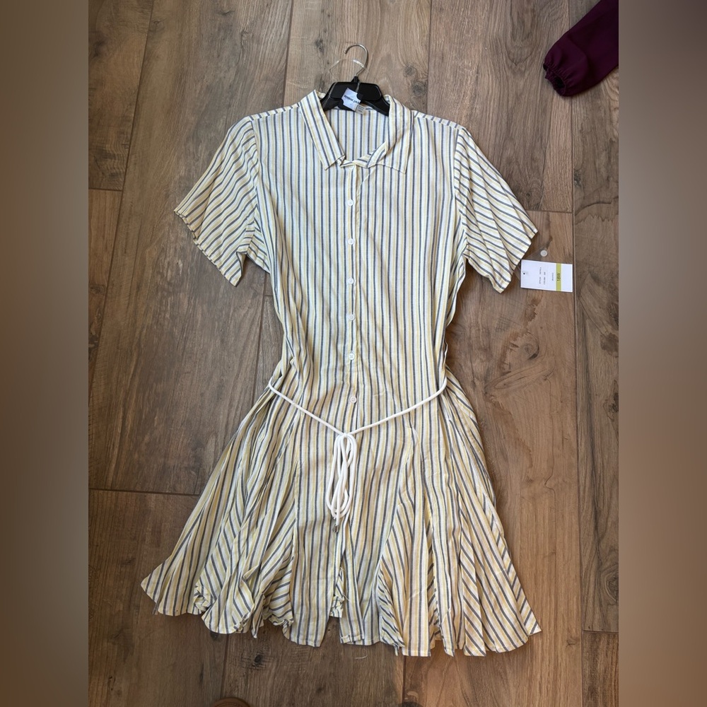 Striped Button-Front Shirt Dress with Tie Waist - Beige/Blue